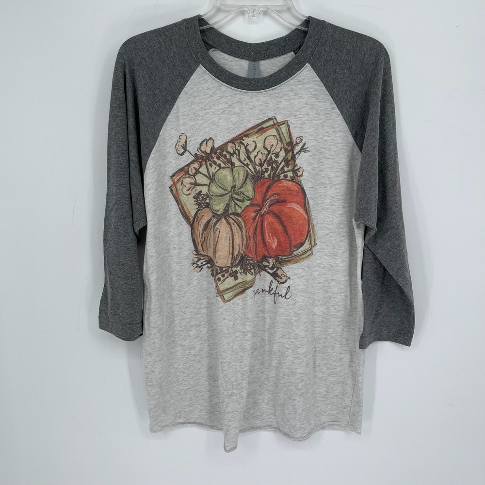 Next Level Women's Gray Thankful Pumpkin Graphic Raglan Baseball T-Shirt Size‎ L